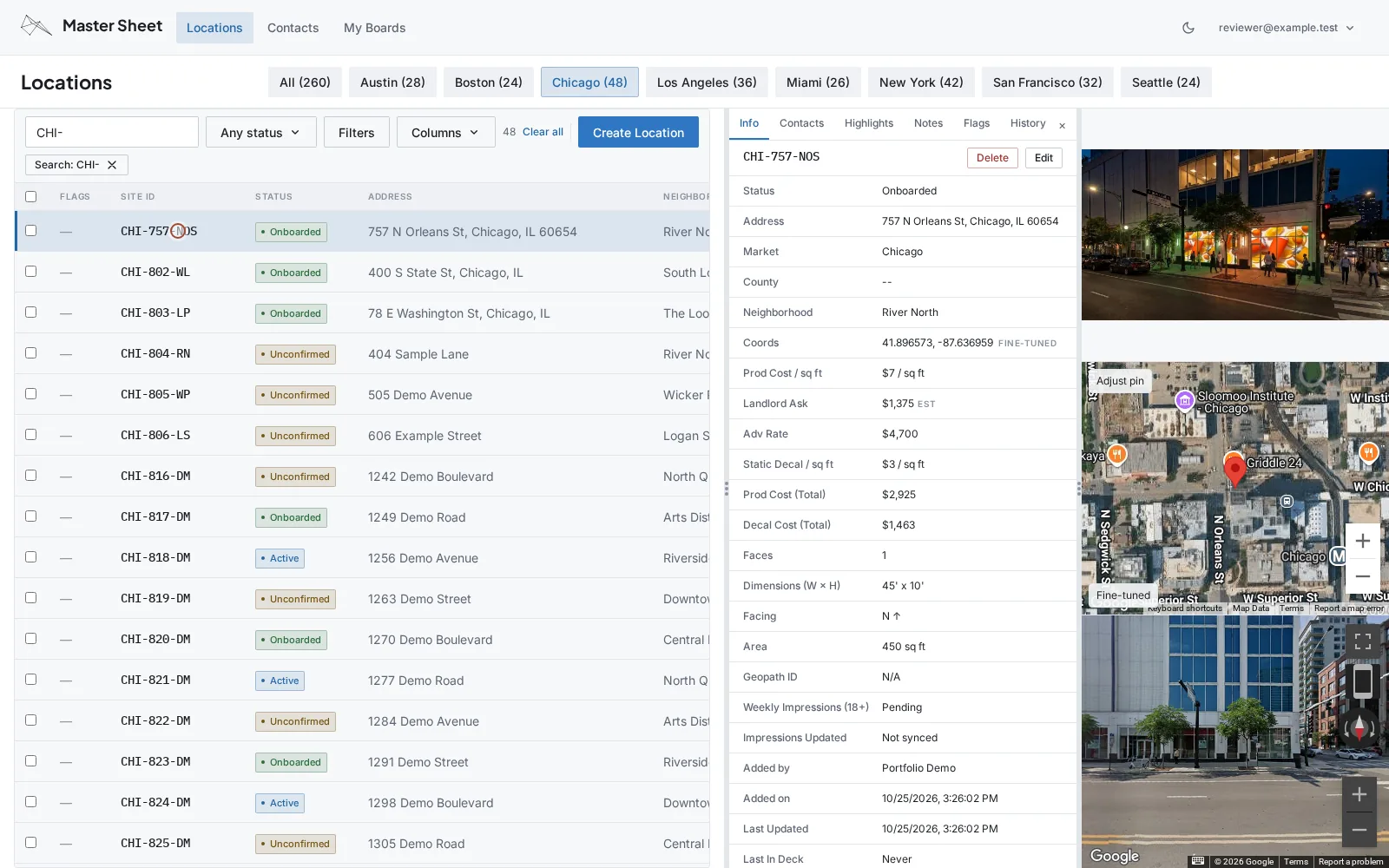 Master Sheet location table with market filters beside an open details drawer containing a location photo, fields, map, and Street View.