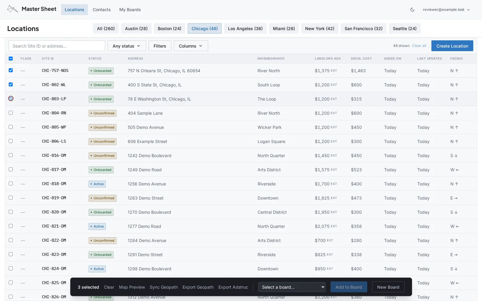 Selected locations in the Master Sheet table, with actions for map preview, Geopath synchronization and export, Adstruc export, and creating a board.