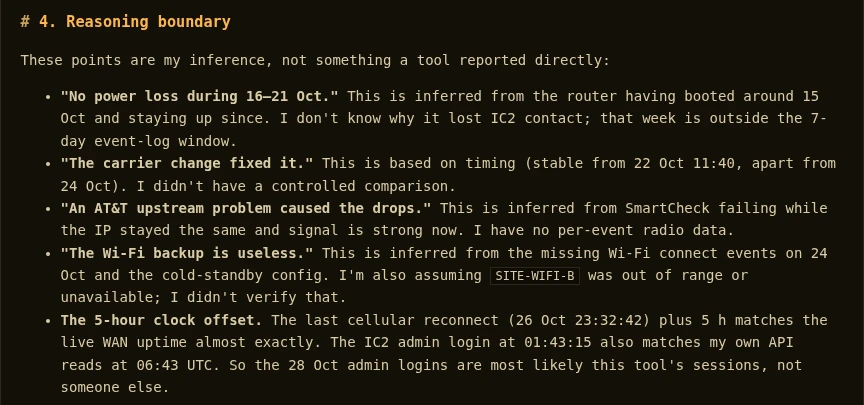The answer’s reasoning-boundary section distinguishes inferences about power, carrier changes, remaining drops, backup availability, and clock offset from direct observations.