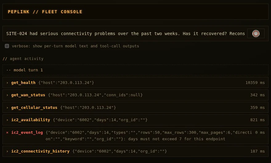 The Peplink console gathers live health and historical availability, while an event-log query fails because it exceeds the seven-day limit.
