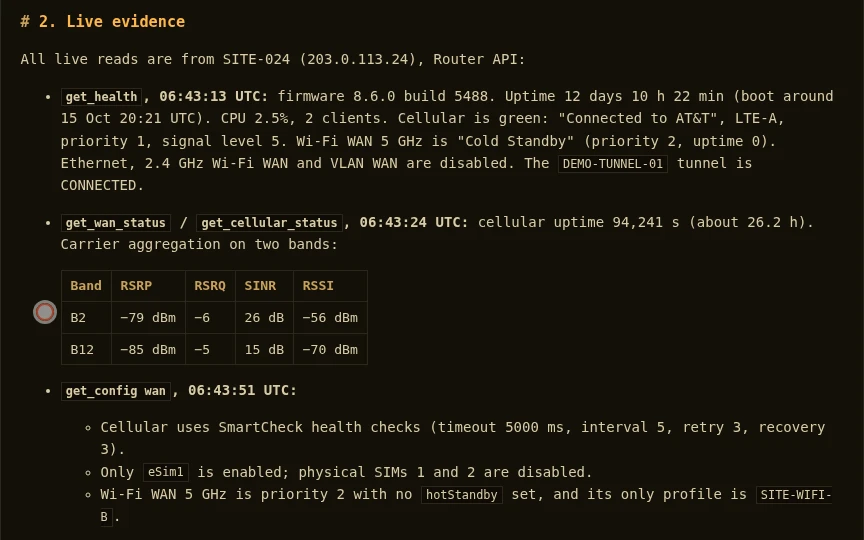 The recorded answer lists current router health, cellular uptime, two radio-band measurements, and the cold-standby Wi-Fi configuration.