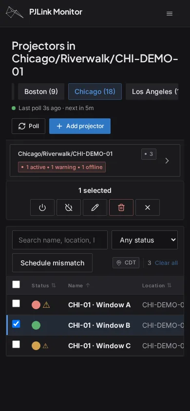 Mobile projector interface in dark mode, showing a location’s devices, status filters, and controls for a selected projector.
