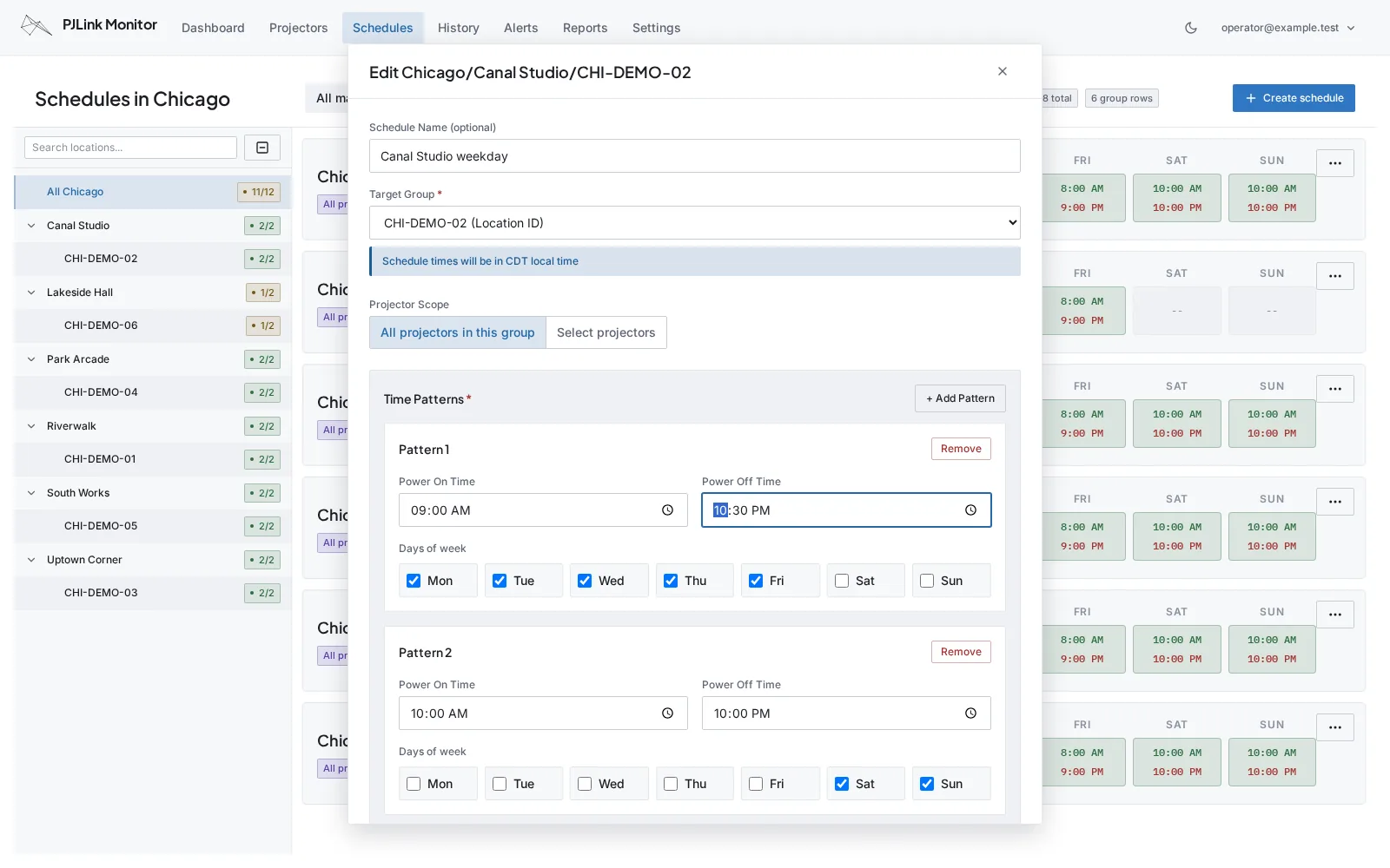 Schedule editor with separate weekday and weekend patterns, projector selection, and an explicit location time zone.