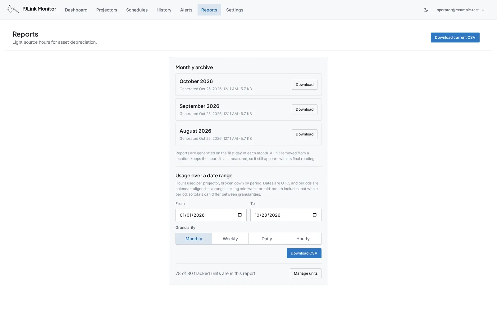 Reports page with monthly archives, a custom date range, reporting intervals, and CSV downloads for projector usage.